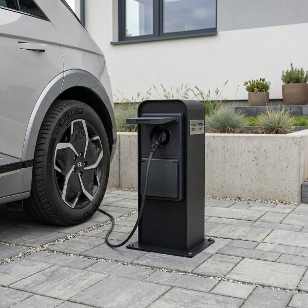 słupek 2x230v czarny na podjeździe słupek 2x230v czarny na podjeździe