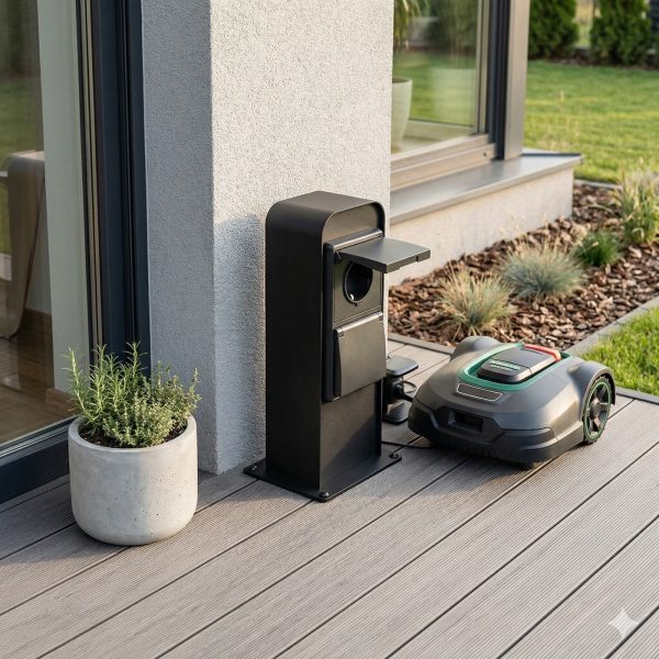 słupek 2x230v czarny na tarasie słupek 2x230v czarny na tarasie