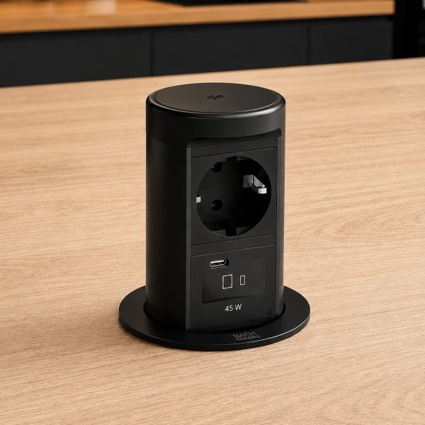 BACHMANN ELEVATOR 2 – kolumna blatowa wysuwana 1x gniazdo 230V + USB-C 45W + ładowarka indukcyjna Qi2 - CZARNY MAT