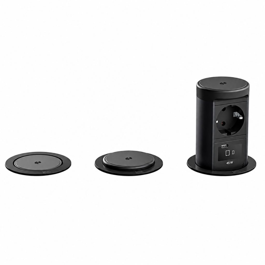 BACHMANN ELEVATOR 2 – kolumna blatowa wysuwana 1x gniazdo 230V + USB-C 45W + ładowarka indukcyjna Qi2 - CZARNY MAT trzy produkty