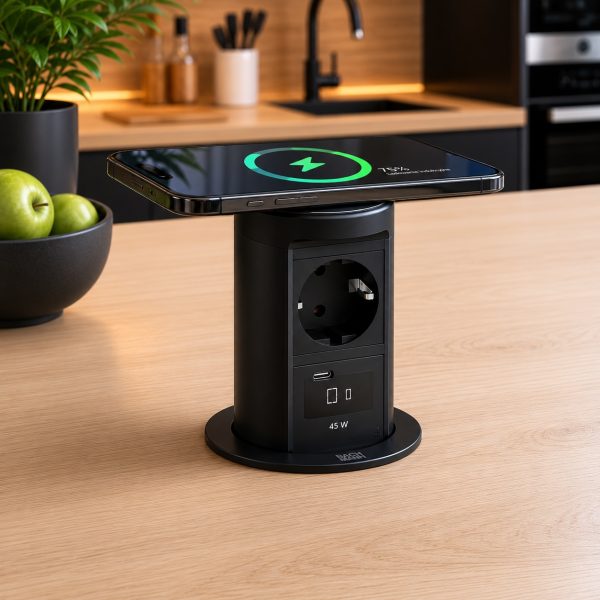 BACHMANN ELEVATOR 2 – kolumna blatowa wysuwana 1x gniazdo 230V + USB-C 45W + ładowarka indukcyjna Qi2 - CZARNY MAT ze smartfonem