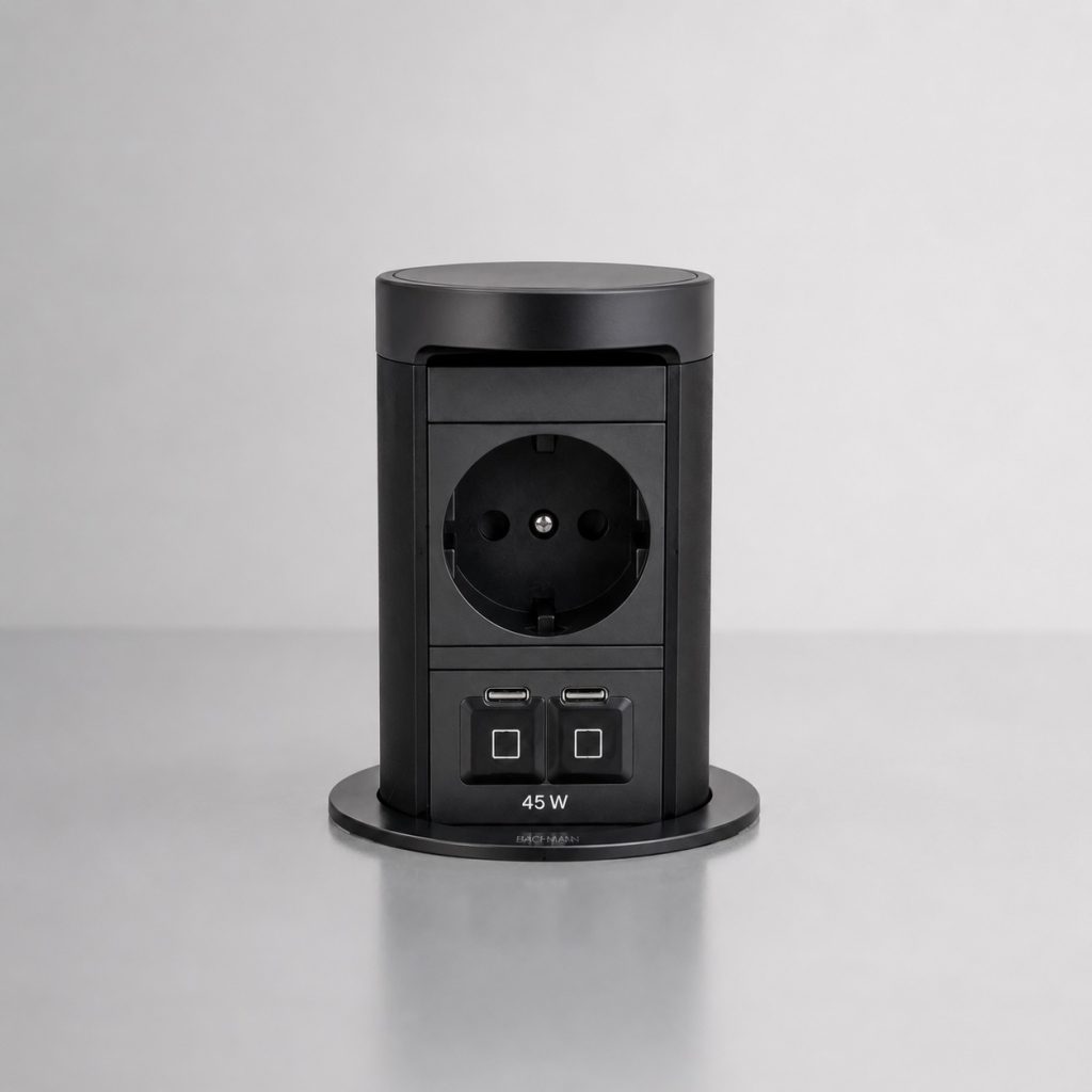BACHMANN ELEVATOR 2 – kolumna blatowa wysuwana 1x gniazdo 230V + USB-C-C 45W - CZARNY MAT 3 fazy w blacie