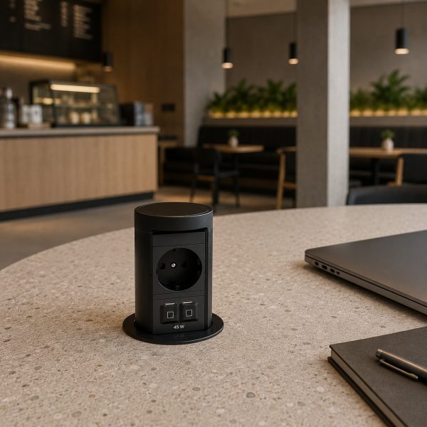 BACHMANN ELEVATOR 2 – kolumna blatowa wysuwana 1x gniazdo 230V + USB-C:C 45W - CZARNY MAT w poczekalni